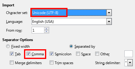 Screenshot of import CSV dialog in a spreadsheet editor