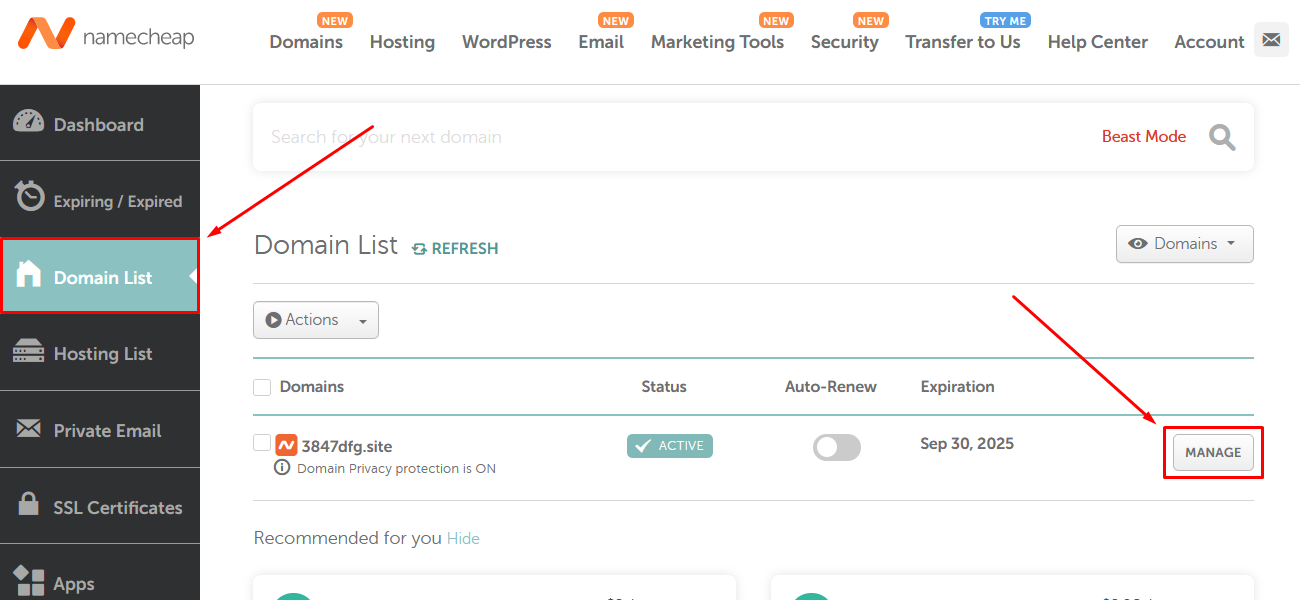 Screenshot of Namecheap admin panel, Domain List section