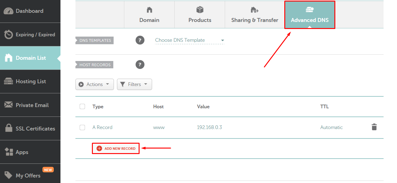 Screenshot of Advanced DNS section in Namecheap admin panel