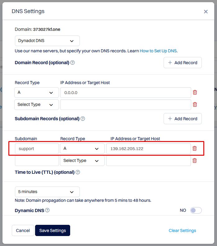 Screenshot of the ready-to use subdomain in Dynadot admin panel