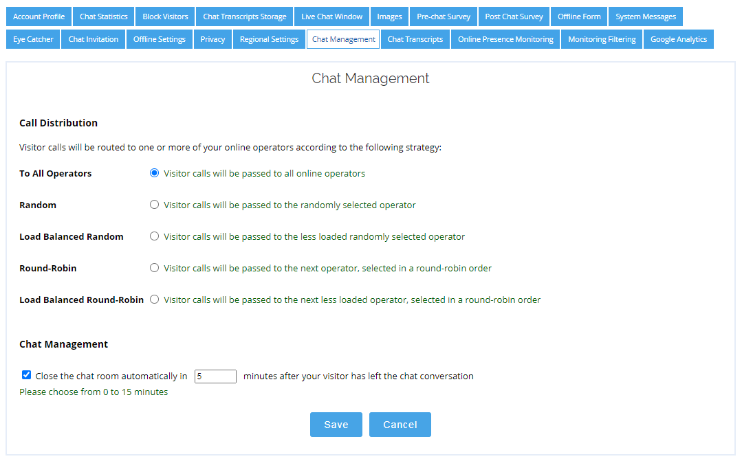 Screenshot of Chat Management page in live chat admin panel