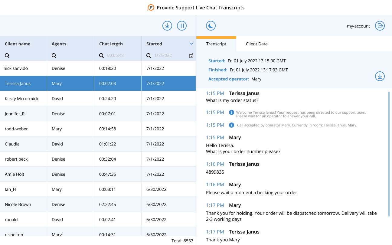 Chat transcripts viewer application screenshot